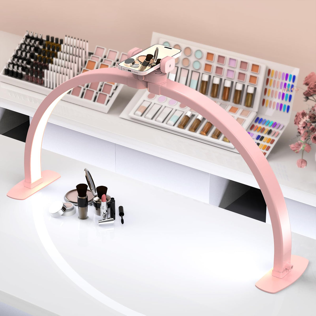 SLYFTE professional large half-moon LED light on a pink nail desk, highlighting detailed work