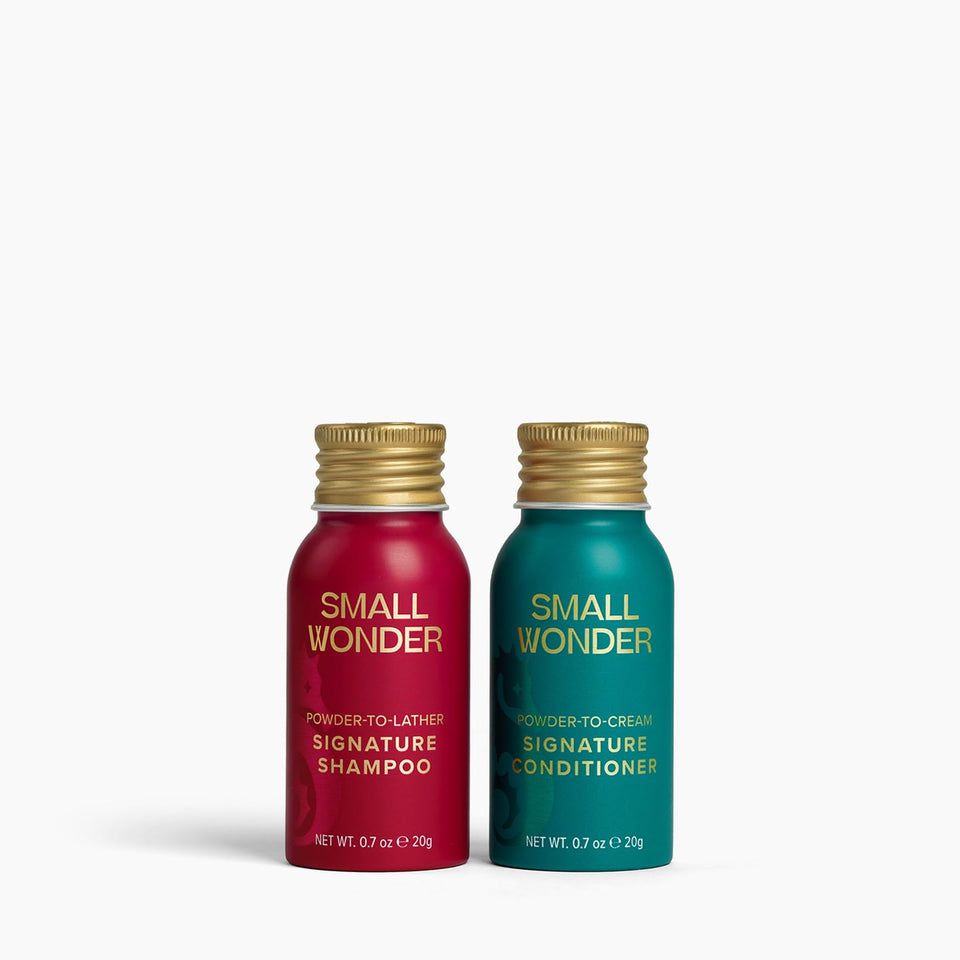 Small Wonder Signature Shampoo powder-to-cream activation delivers a rich cleansing lather.