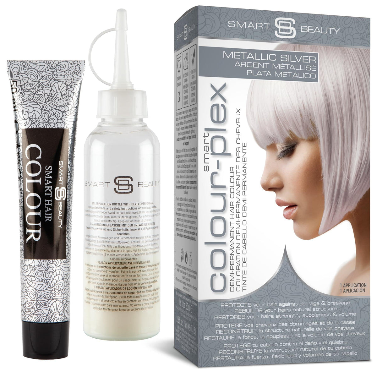 Smart Beauty silver metallic dye bottle for bold demi-permanent color on bleached hair