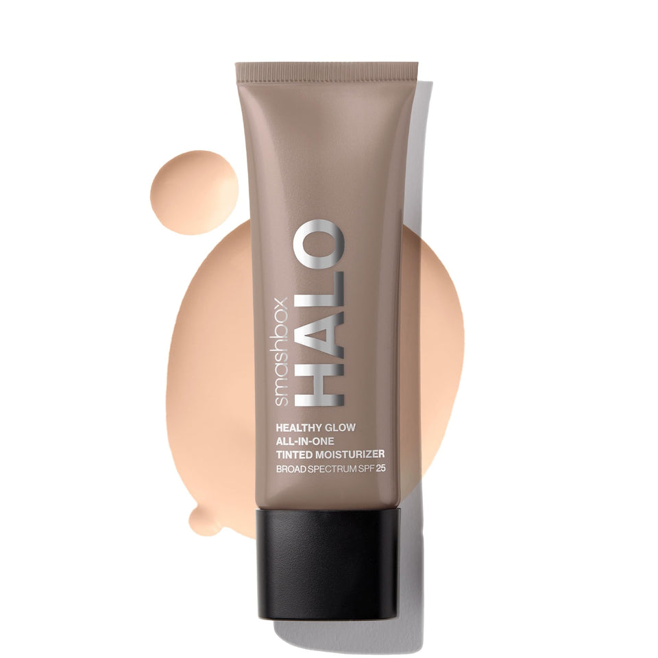 Smashbox Halo Healthy Glow tinted moisturizer bottle with pump provides lightweight hydration and SPF 25 protection.