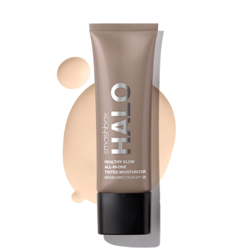 Smashbox Halo Healthy Glow tinted moisturizer bottle showing dewy finish with all-day hydration.