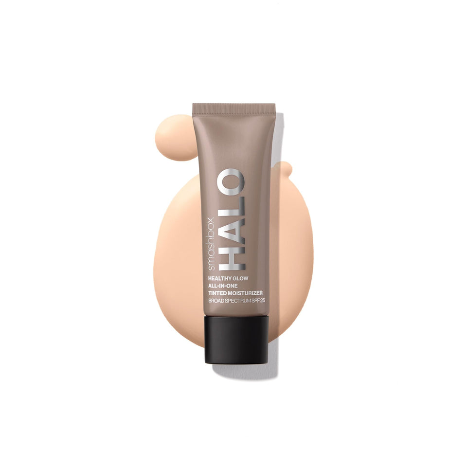 Smashbox Halo Glow tinted moisturizer bottle with dewy hydration for daily radiance.