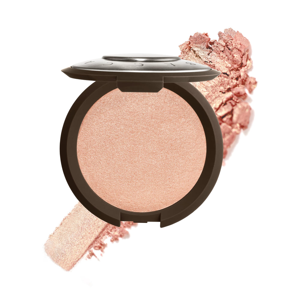 Smashbox X Becca Rose Quartz pressed highlighter on cheekbones for natural radiance