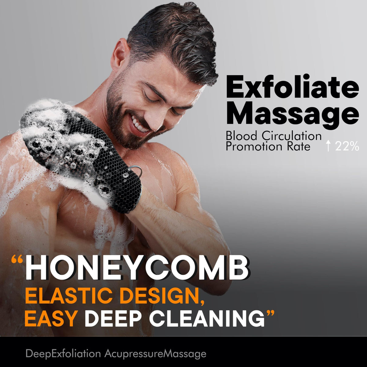 Smeagoloriya back massage bath mitt in use on back and shoulders.