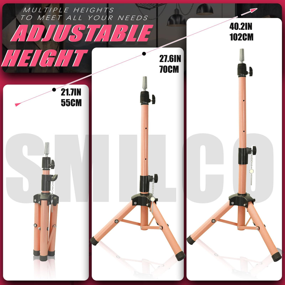 Smilco heavy-duty metal wig stand provides stable support during styling.
