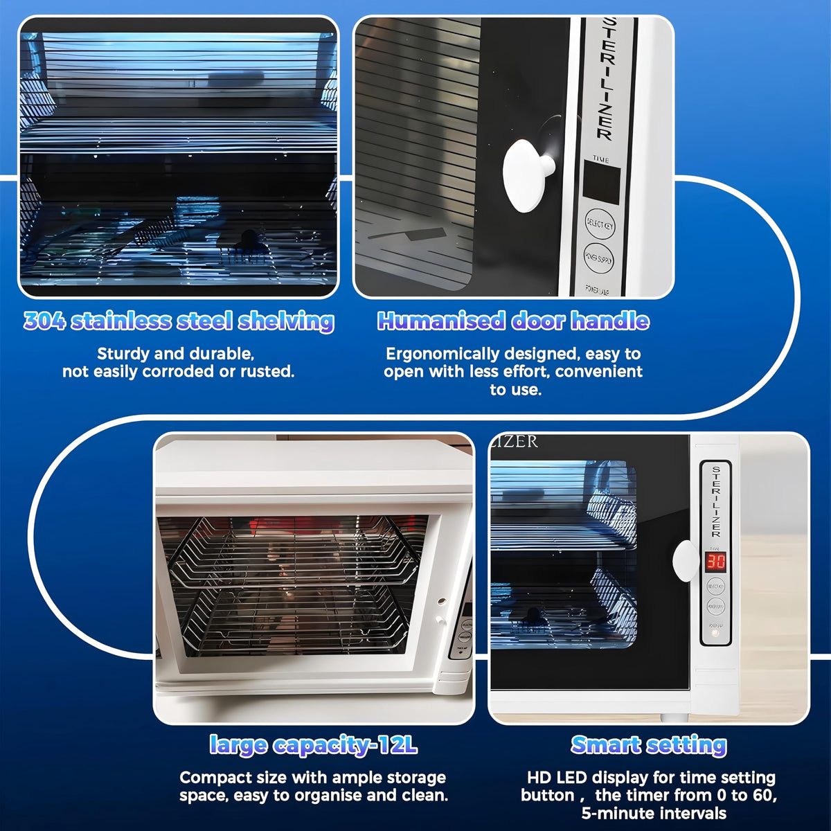 Smiledt 12L autoclave safety features and rust-proof steel body.