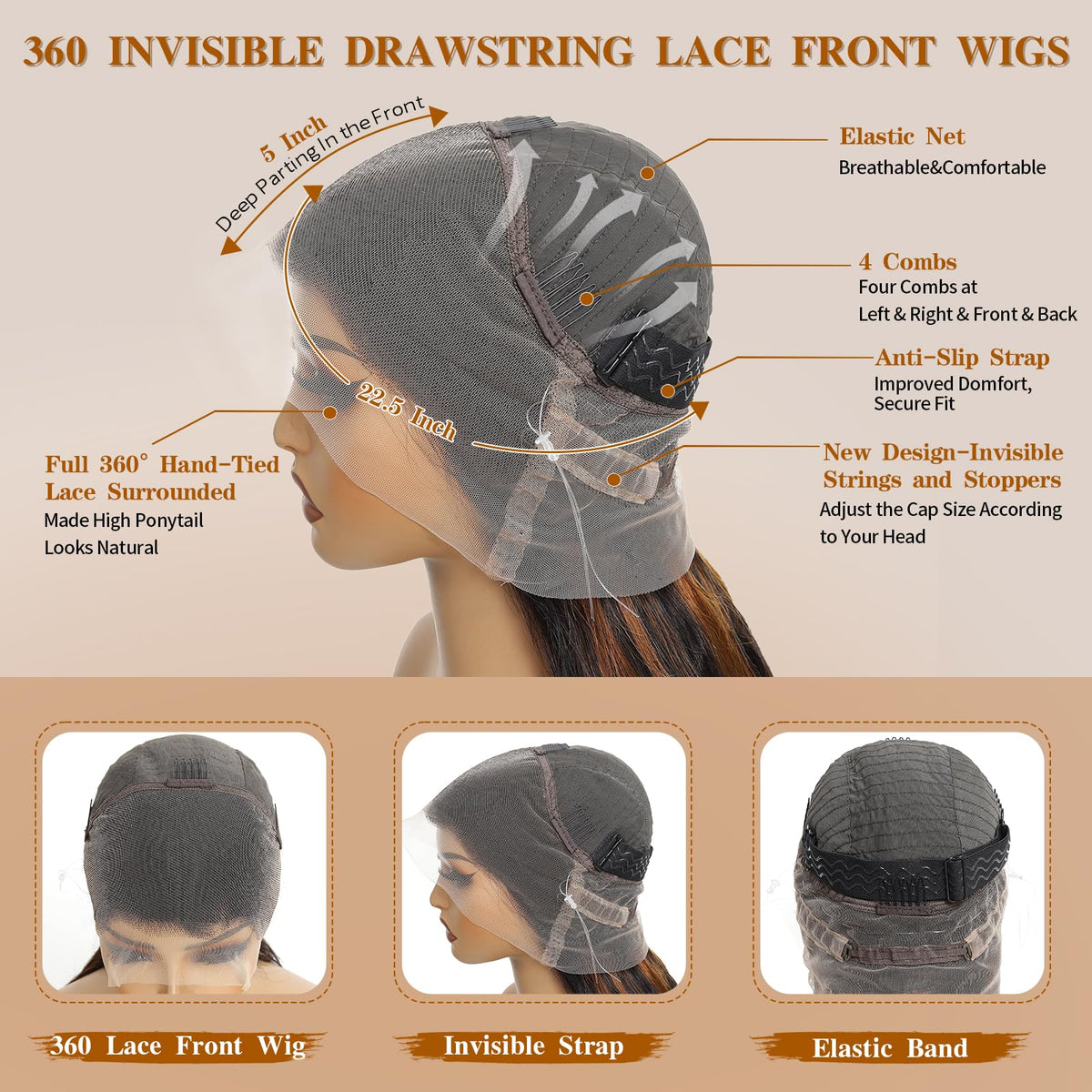 Smiles Grins 360 wig with invisible drawstring and four combs for stability
