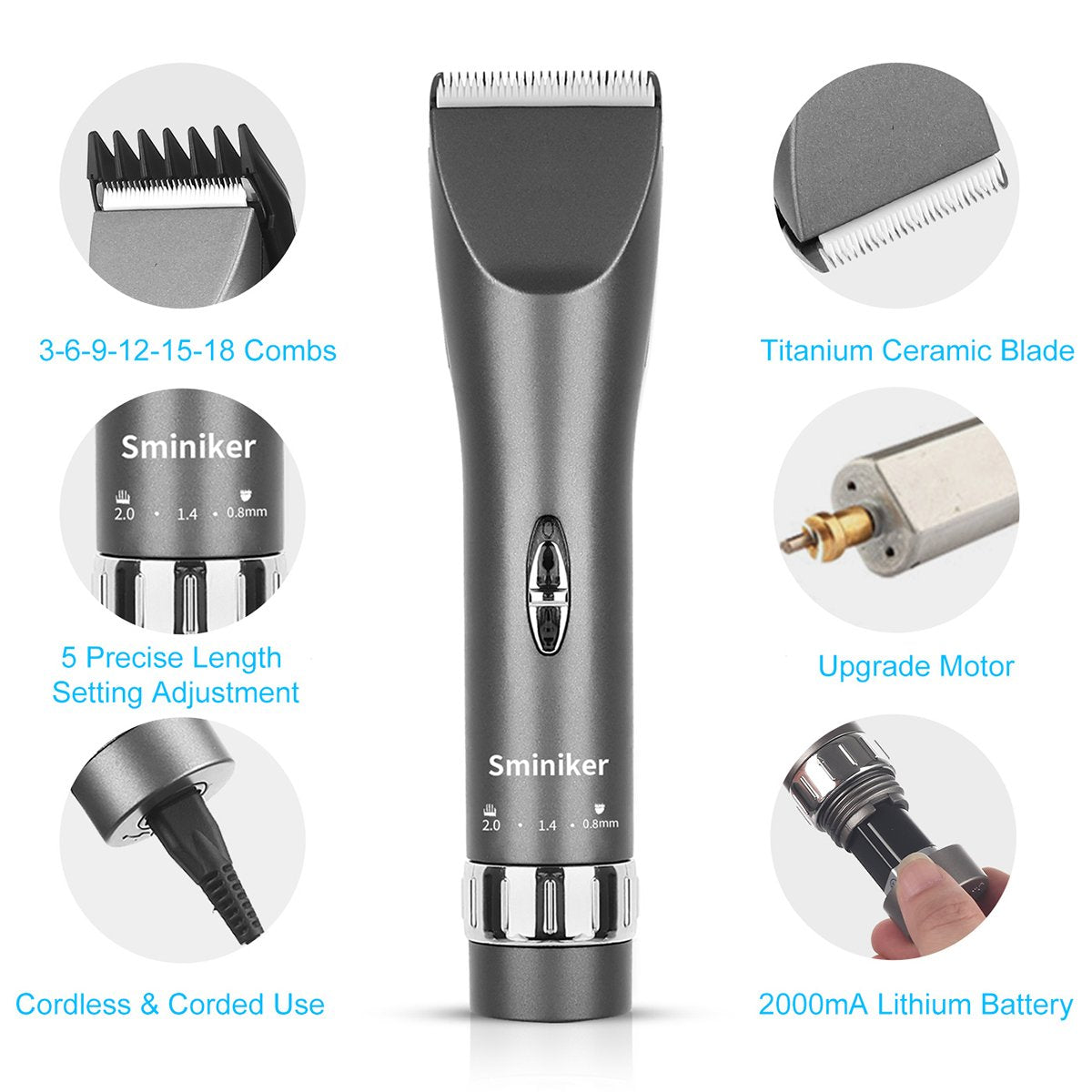Sminiker nine comb attachments cover a range of lengths for versatile styling.
