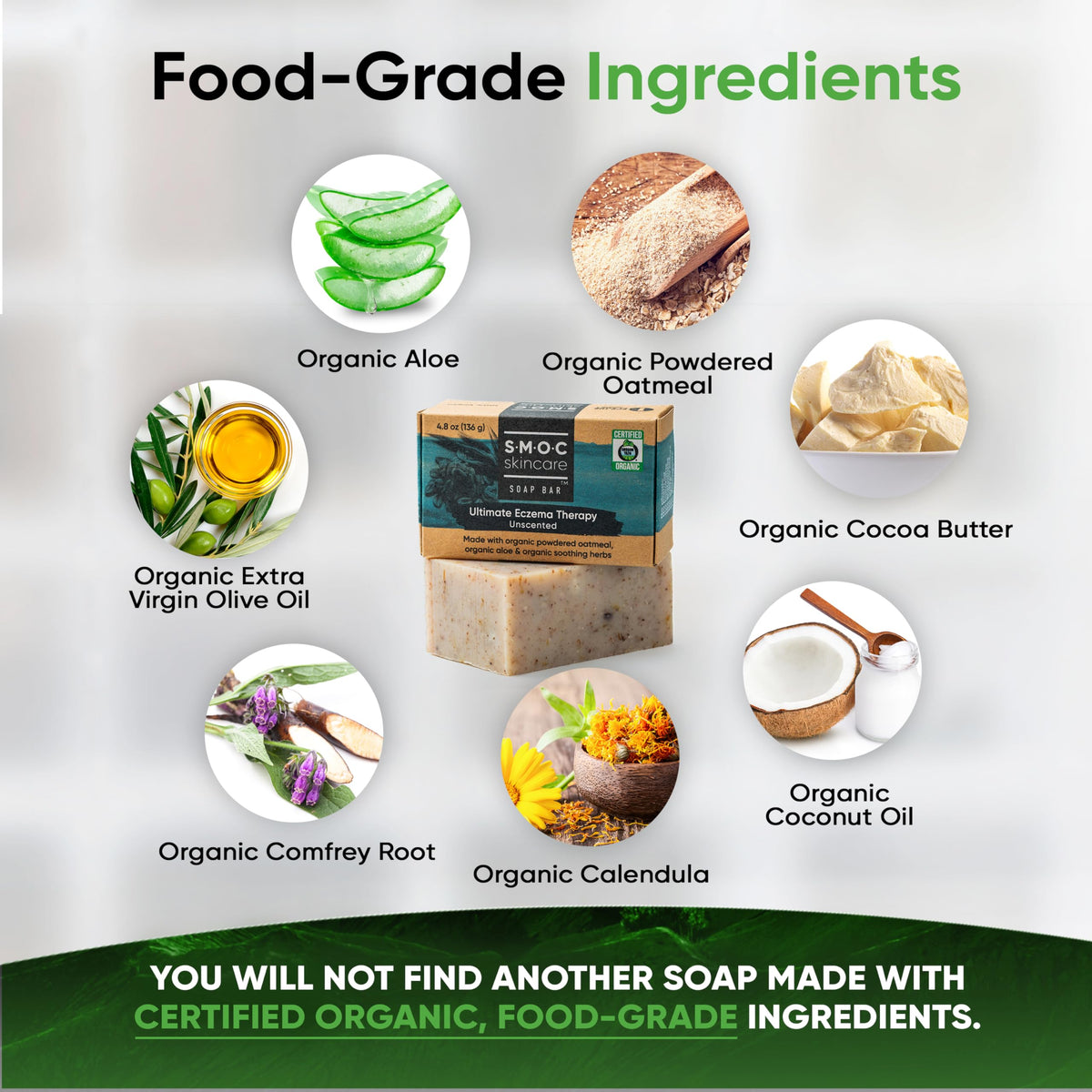 S.M.O.C. Skincare cocoa butter enriches the bar for lasting moisture.