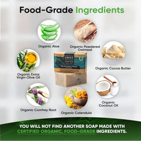 S.M.O.C. Skincare cocoa butter enriches the bar for lasting moisture.