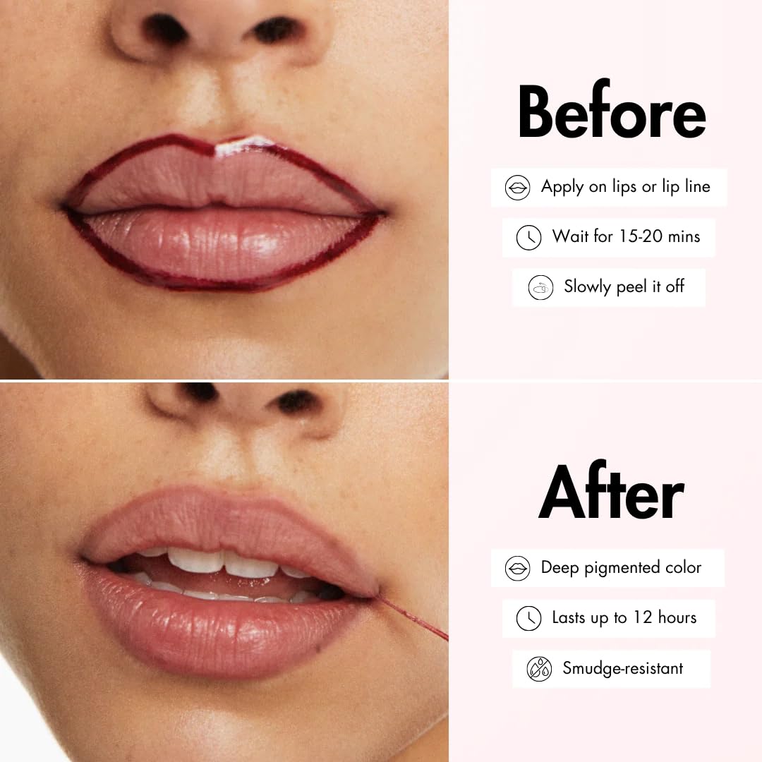 Smooche Lip Stain Raspberry Kiss peel-off action reveals vivid color release.