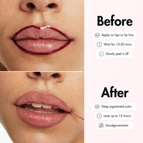 Smooche Lip Stain Raspberry Kiss peel-off action reveals vivid color release.