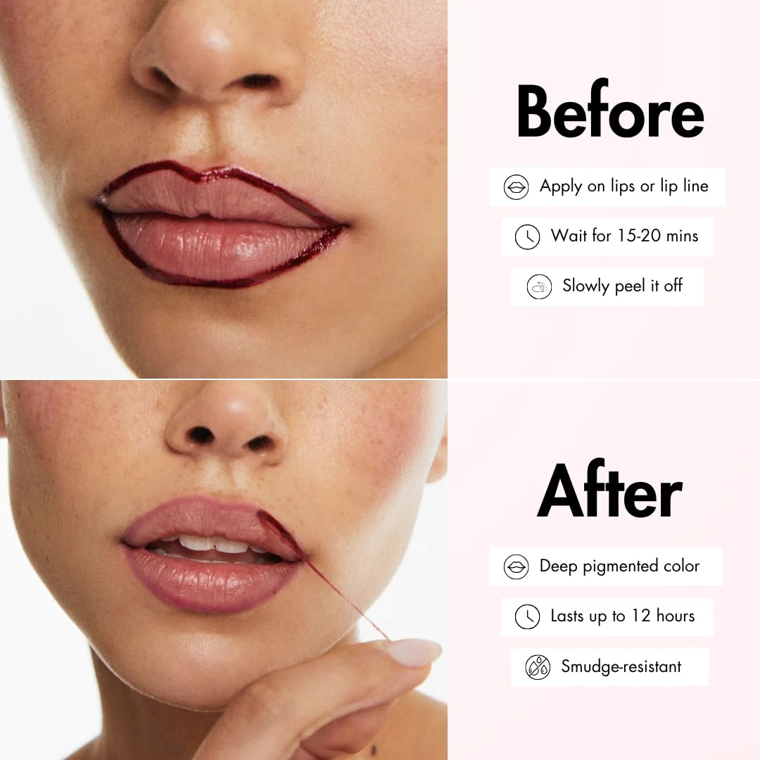 Smooche Lip Stain Watermelon Sugar peel-off step demonstrating quick removal
