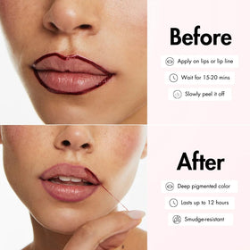 Smooche Lip Stain Watermelon Sugar peel-off step demonstrating quick removal