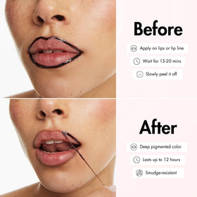 Smooche Velvet Cacao full lip color on lips.