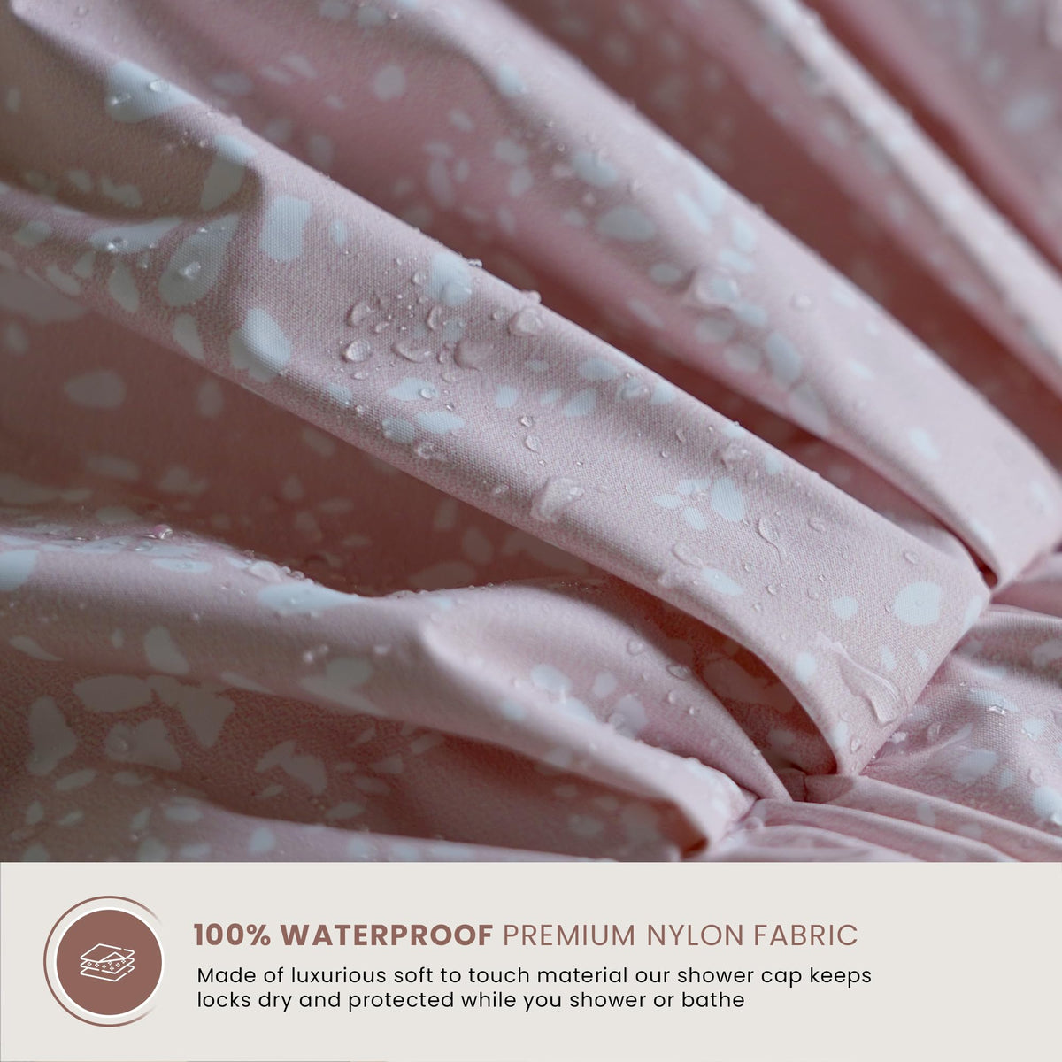 Chic blush pattern SMPL Objects shower cap adds style while offering practical, reusable bathwear.