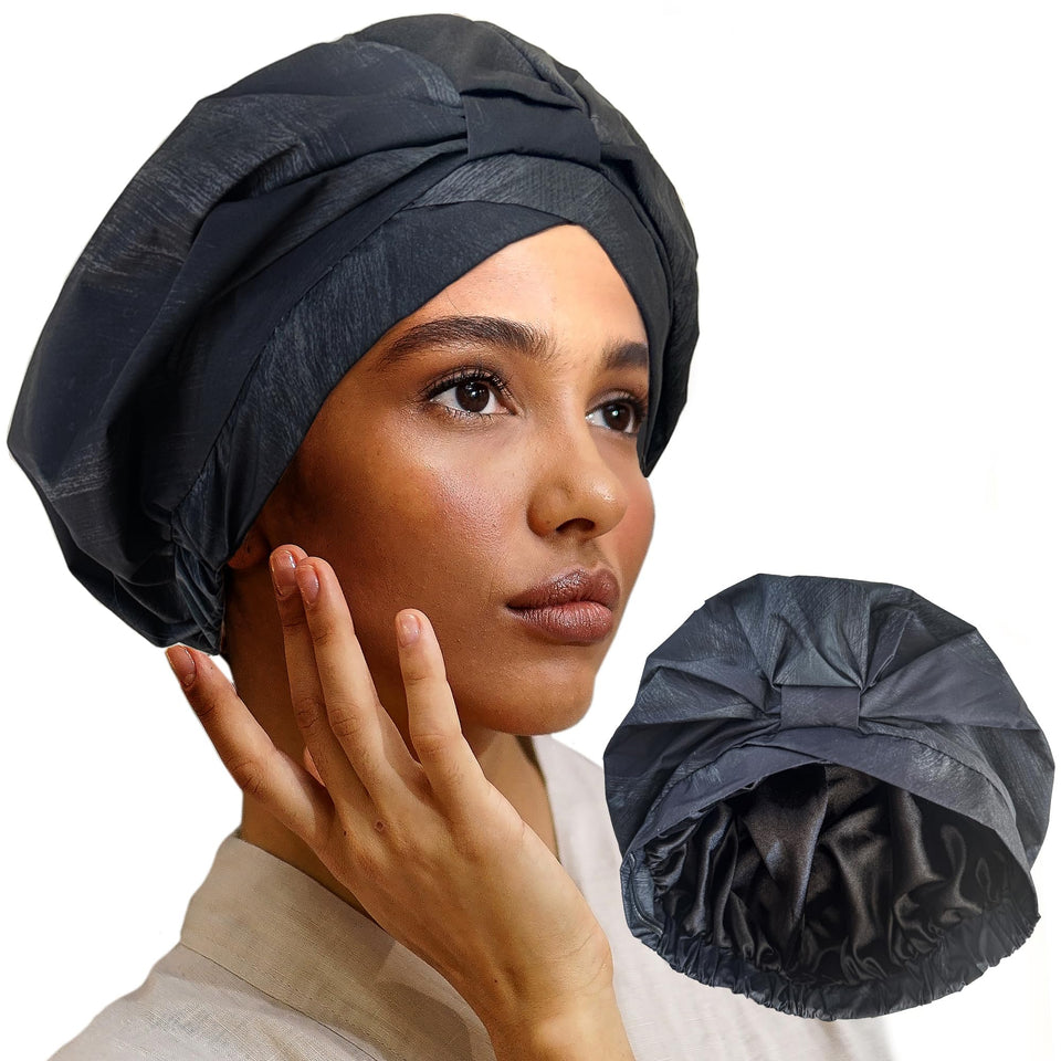 SMPL Objects reusable shower cap front view shows secure fit.