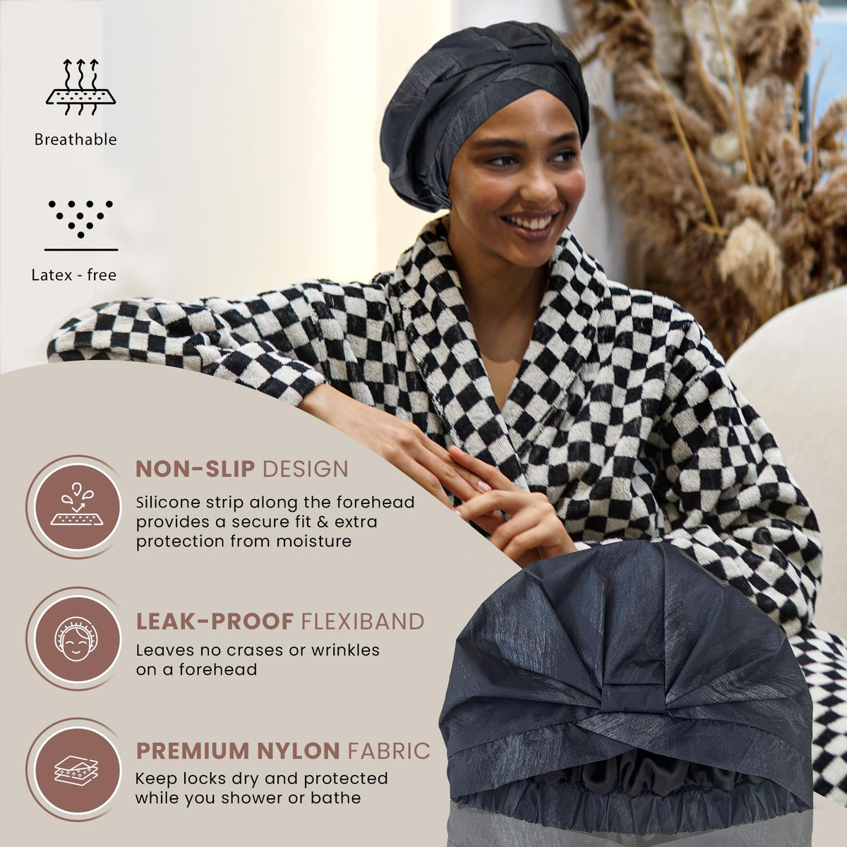 SMPL Objects reusable shower cap waterproof material blocks moisture to protect hairstyles.