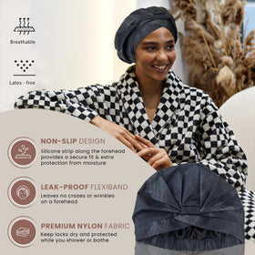 SMPL Objects reusable shower cap waterproof material blocks moisture to protect hairstyles.