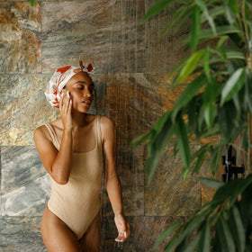 SMPL Objects stylish beige designs add luxury while protecting hair during baths and showers.