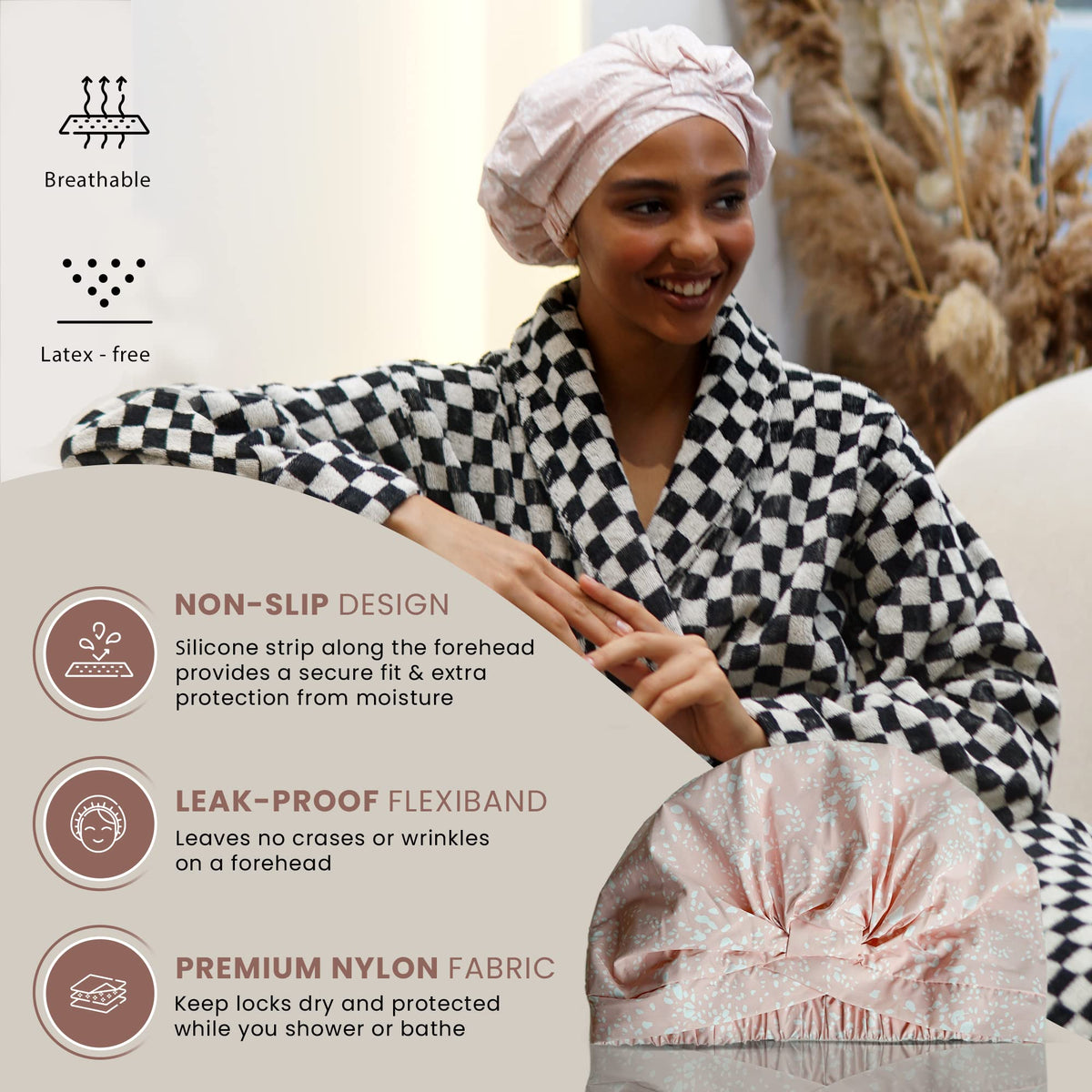 SMPL Objects shower cap with Flexiband offers a comfortable, adjustable fit for many head sizes.