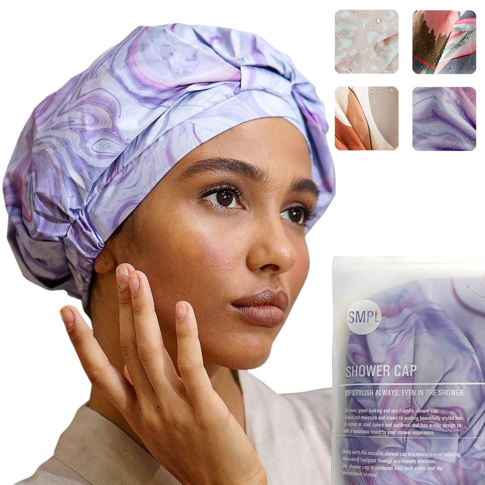 SMPL Objects marble shower cap waterproof exterior protects hair from moisture