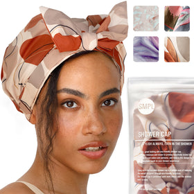 SMPL Objects shower cap long-hair beige turban keeps hair dry during showers.