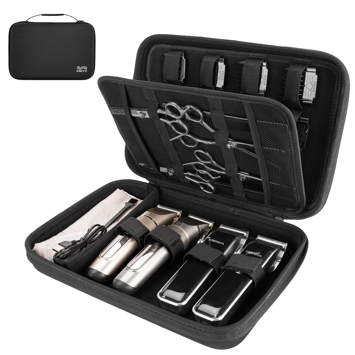 SMYV barber bag case open shows organized interior for clippers