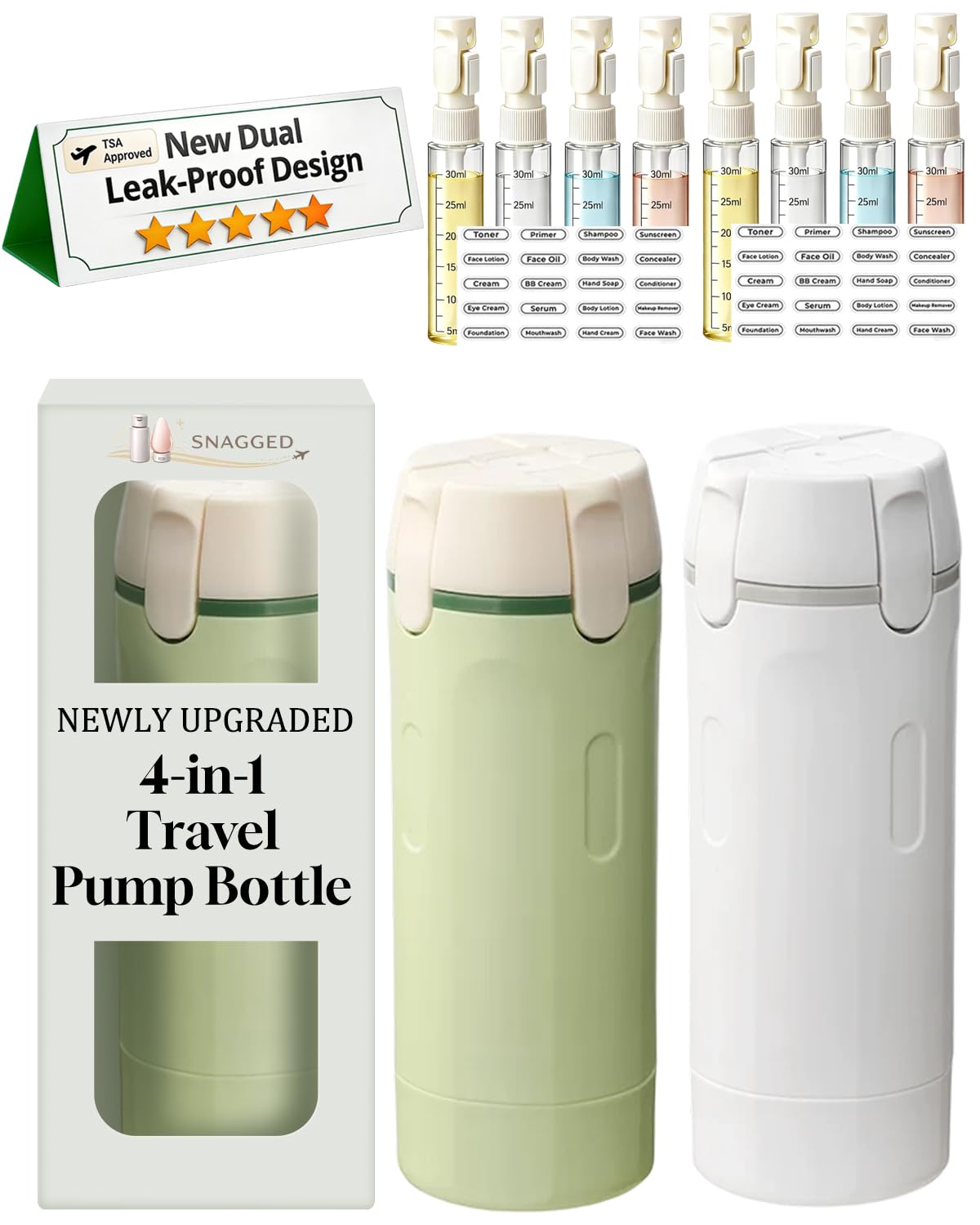 SNAGGED 4-in-1 travel dispenser unit shown to save space for toiletries.
