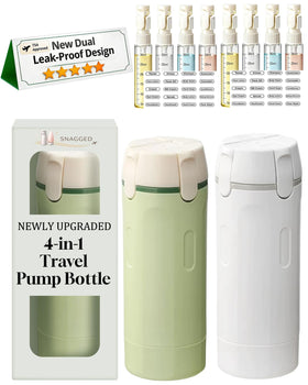 SNAGGED 4-in-1 travel dispenser unit shown to save space for toiletries.