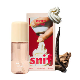 Snif Extra Whip bottle front highlighting gourmand vanilla musk for daily body and hair use.