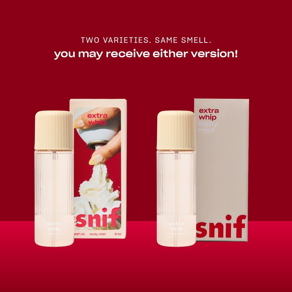 Snif Extra Whip label shows clean branding and eco content.