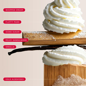 Snif Extra Whip bottle close up shows vanilla musk base for lasting aroma.