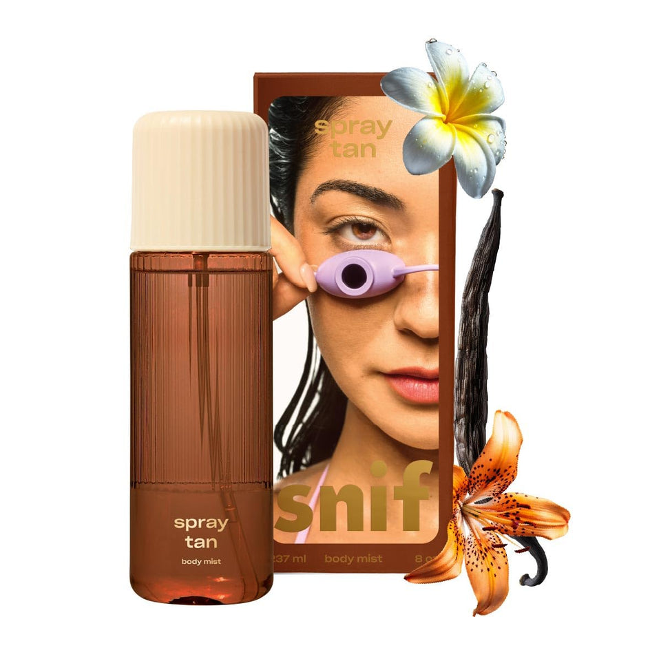 Snif Spray Tan Body Mist bottle demonstrates a clean vegan formula for body and hair.
