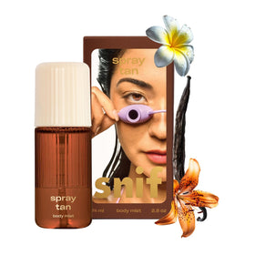 Snif Spray Tan Body Mist bottle on surface, showcasing a beachy fragrance for daily wear.