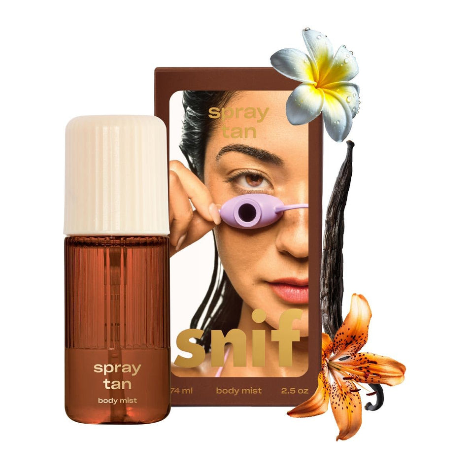 Snif Spray Tan Body Mist bottle on surface, showcasing a beachy fragrance for daily wear.