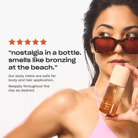 Snif Spray Tan Body Mist near hair, illustrating multi-use versatility.