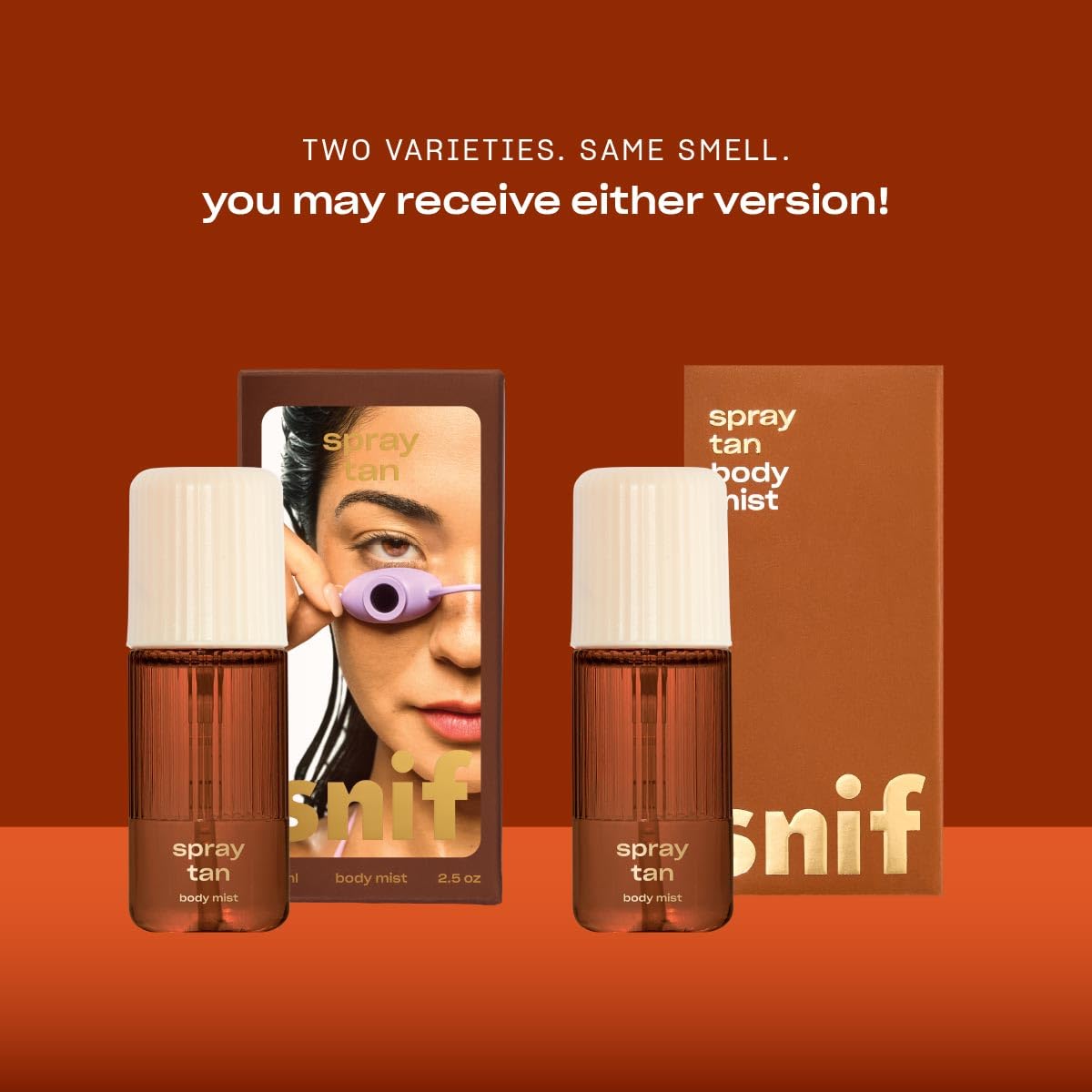 Snif Spray Tan Body Mist product shot showing golden hue.