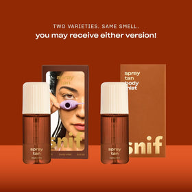 Snif Spray Tan Body Mist product shot showing golden hue.