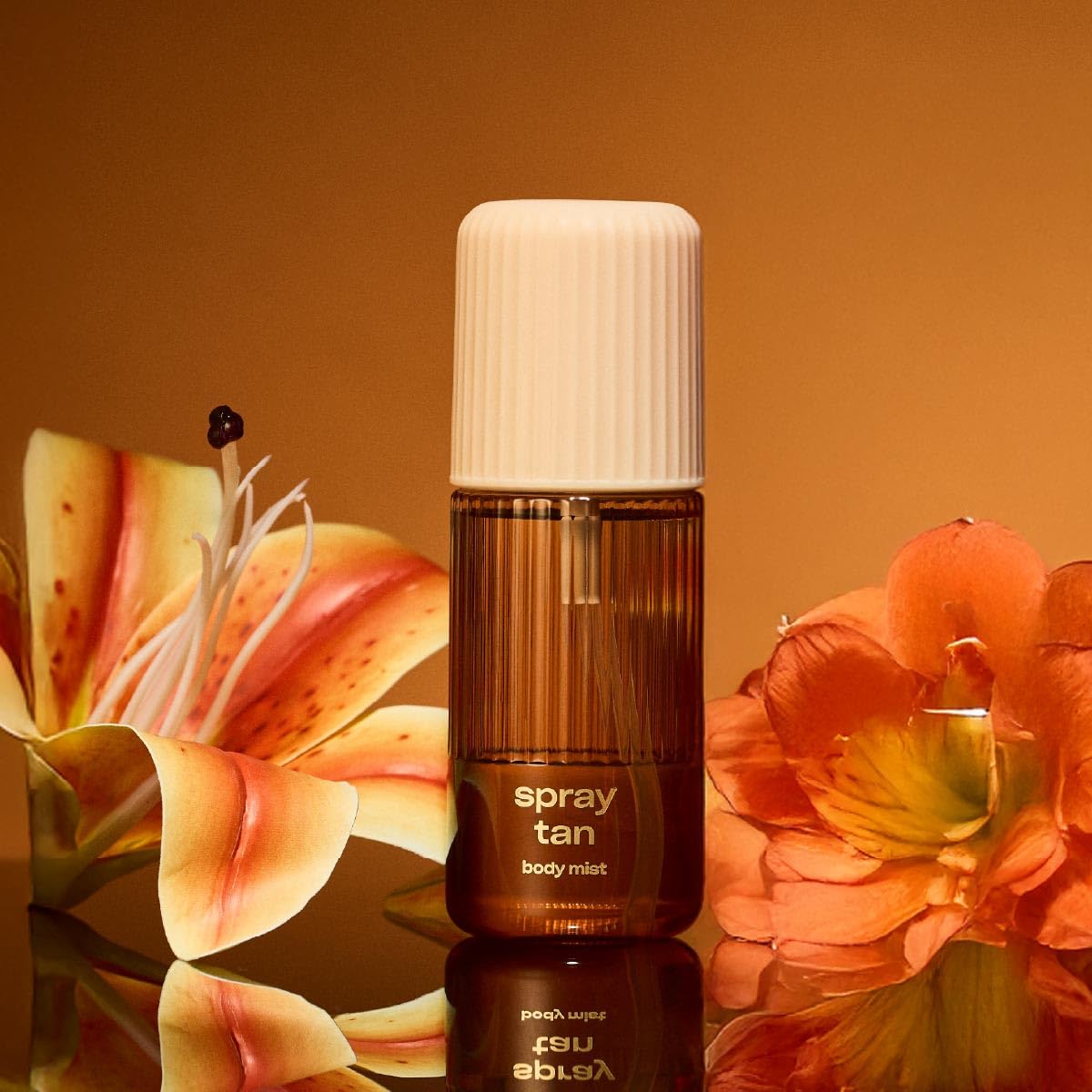 Snif Spray Tan Body Mist in tropical setting, evoking Tahitian vanilla warmth.