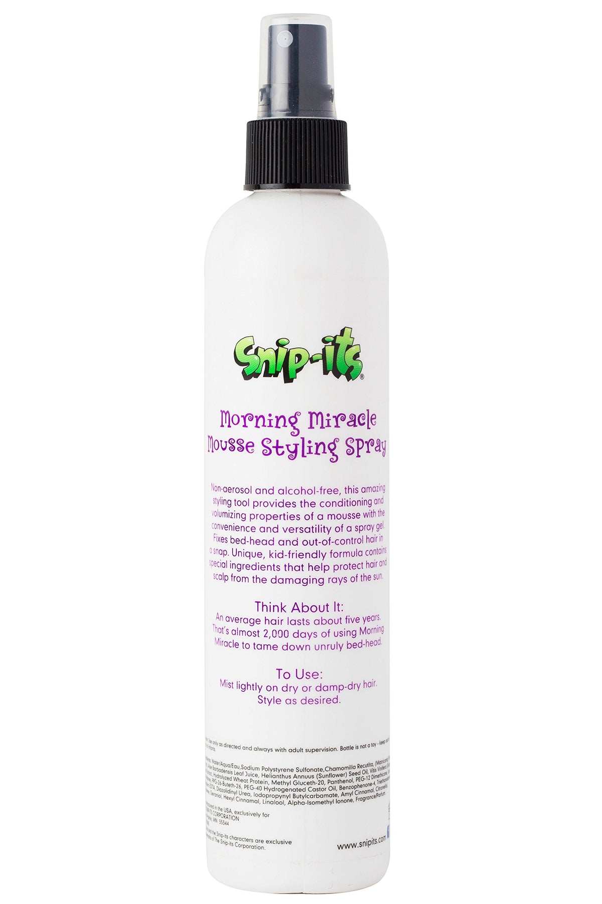 Snip-its Morning Miracle mousse spray mist provides light hold and coverage.