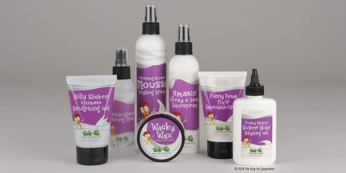 Snip-its Wacky Kids Hair Wax no-crunch finish on kid’s hair.