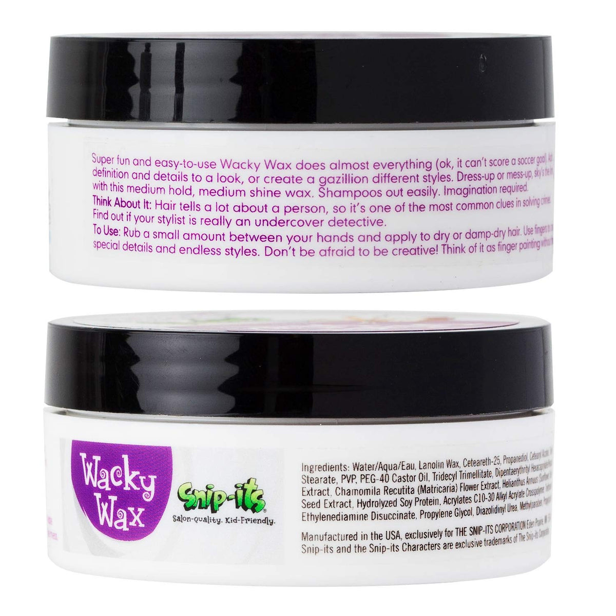 Snip-its Wacky Kids Hair Wax packaging box highlights kid-friendly natural formula.
