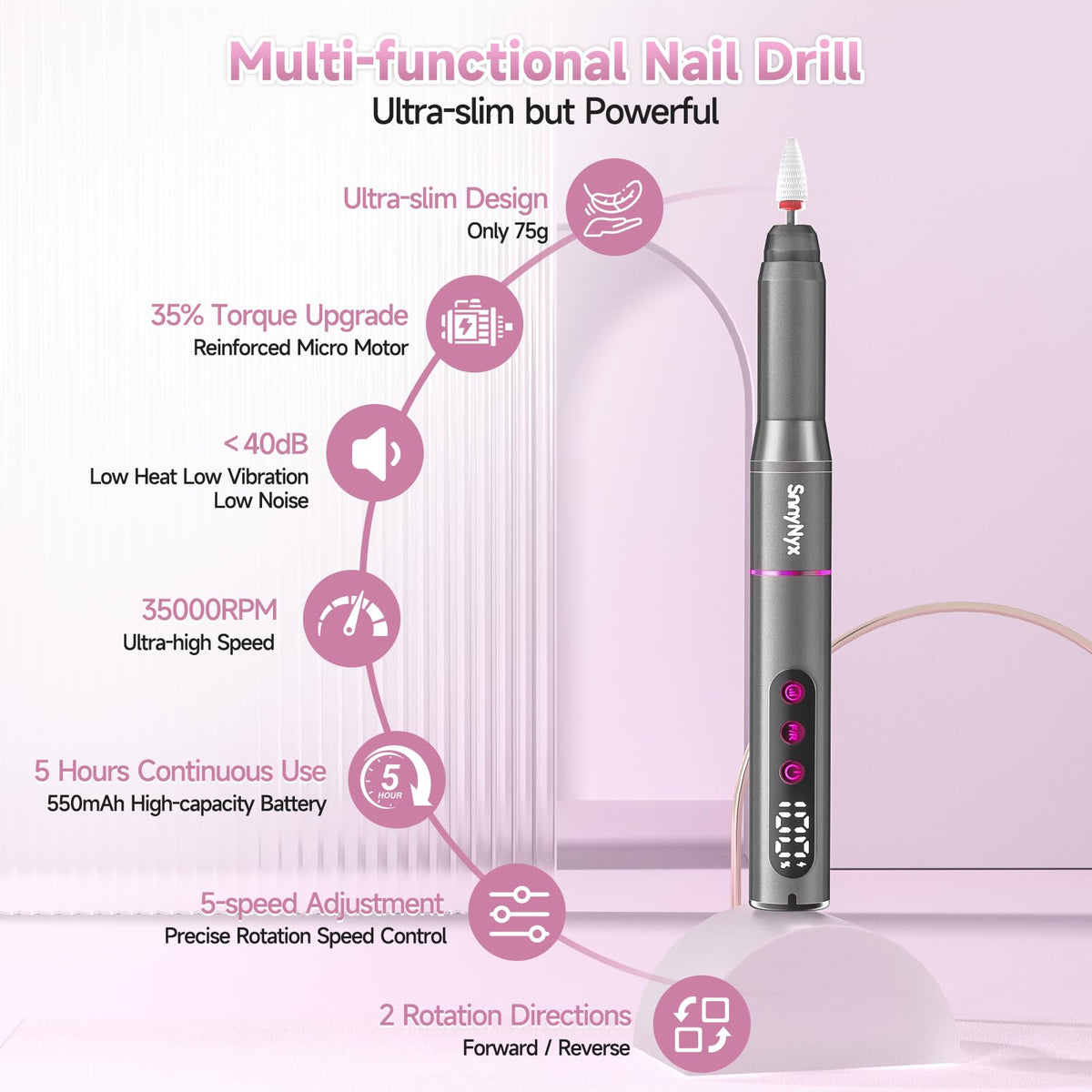 SnnyNyx nail drill with LCD display shows speed and battery status