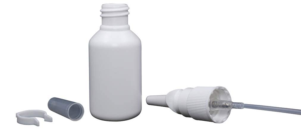 Close-up of Snoot! nasal spray bottle showcasing durable HDPE and smooth pump.