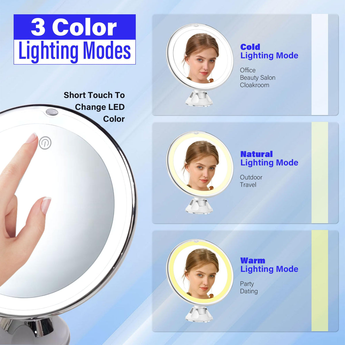 Snowflakes makeup mirror brightness control for ideal lighting