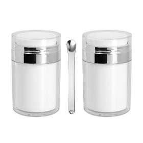 Snowso 2-pack airless pump jars in silver for precise dosing.