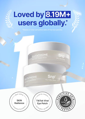 SNP glutathione eye patch applied under-eye area for cooling relief.