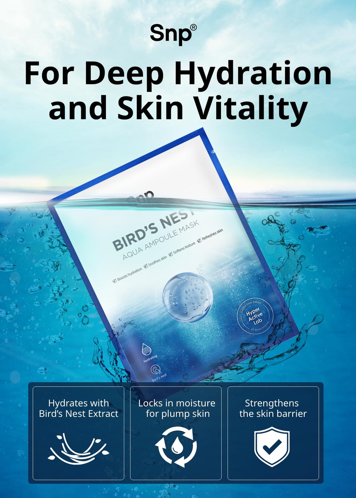 SNP BirdNest Hyaluronic mask on-face demonstrates cooling, soothing effect for tired skin.