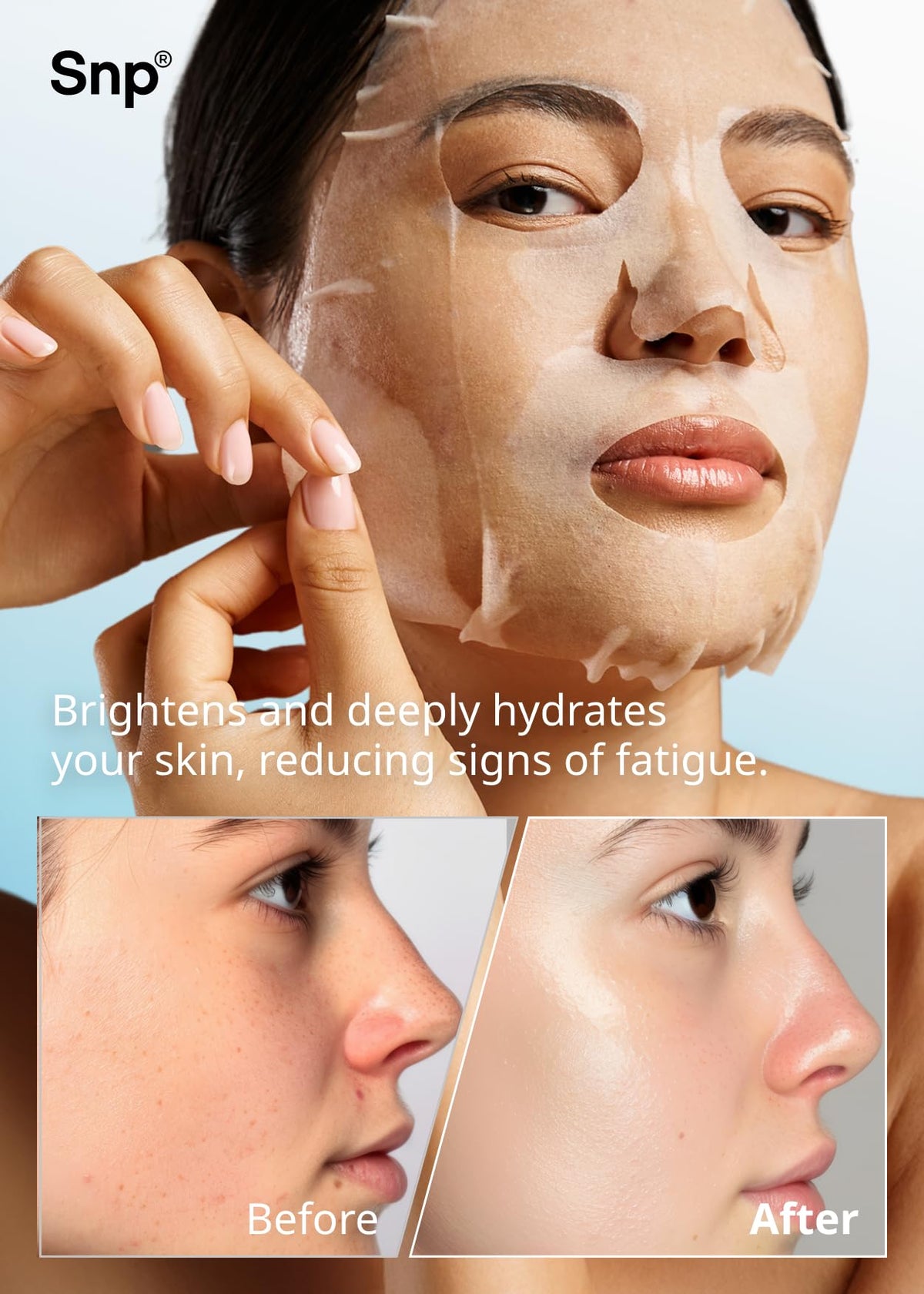 SNP BirdNest Hyaluronic mask sheet-closeup reveals natural cellulose material adherence.